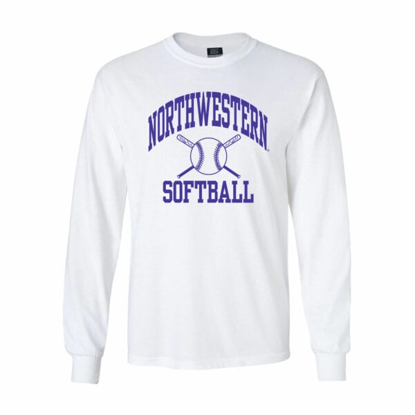 Northwestern University Wildcats White Long Sleeve Tee Shirt with Softball Design