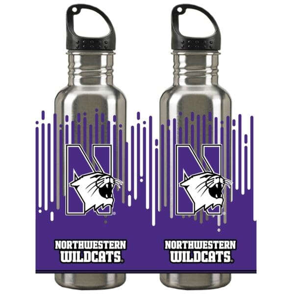 Northwestern University Wildcats 24 oz. Silver Stainless Steel Water Bottle With Full Color N-Cat Design