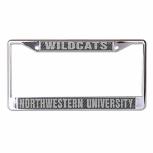 Northwestern University Wildcats Chrome License Plate Frame with Laser Cut Acrylic Carbon Insert with Wildcats & Northwestern University Mirror White Insert