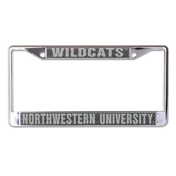 Northwestern University Wildcats Chrome License Plate Frame with Laser Cut Acrylic Carbon Insert with Wildcats & Northwestern University Mirror White Insert