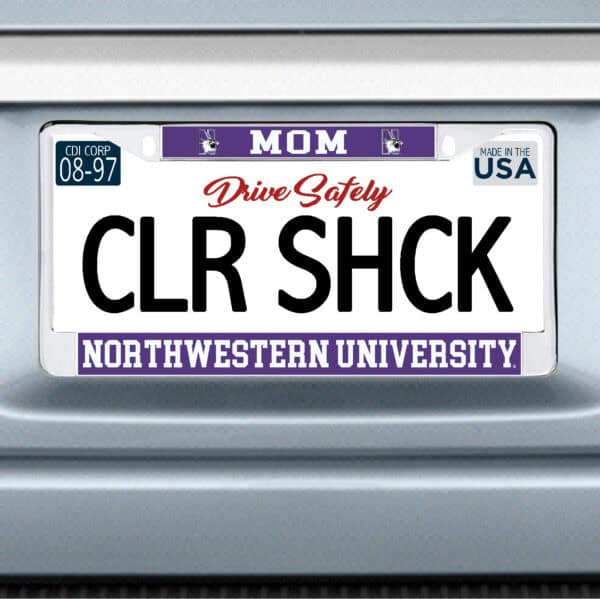Northwestern University Wildcats Chrome License Plate Frame with Purple Laser Cut Insert MOM/NORTHWESTERN UNIVERSITY Design
