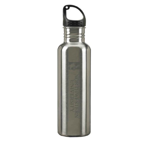 Northwestern University Wildcats 24 oz. Laser Engraved Silver Stainless Steel Water Bottle With N-Cat Design