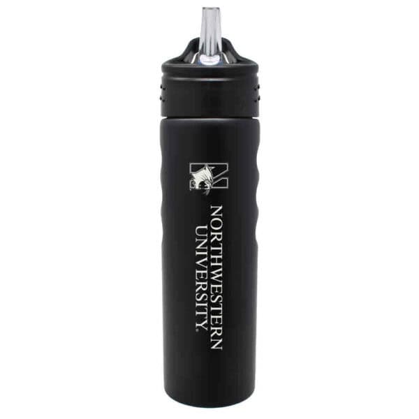 Northwestern University Wildcats 24 oz. Laser Engraved Black Grip Water Bottle With N-Cat Design