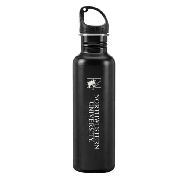 Northwestern University Wildcats 24 oz. Laser Engraved Black Stainless Steel Water Bottle With N-Cat Design