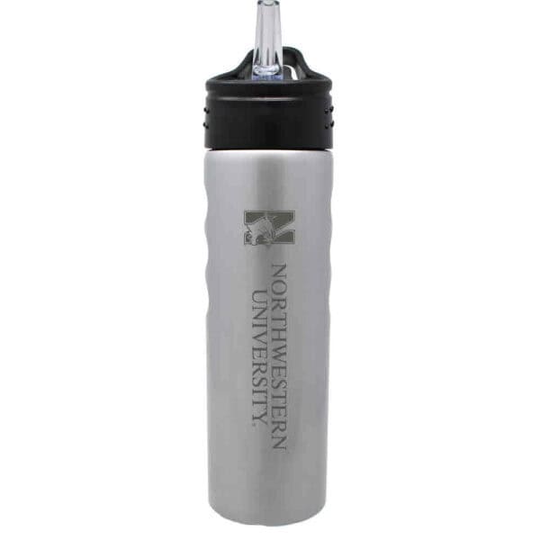 Northwestern University Wildcats 24 oz. Laser Engraved Silver Grip Water Bottle With N-Cat Design