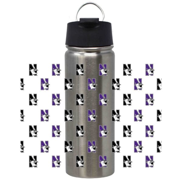 Northwestern University Wildcats 20 oz Silver Impact Travel Tumbler Water Bottle/Mug with Full Color Repeated N-Cat Design