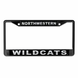 Northwestern University Wildcats Black License Plate Frame with Laser Cut Acrylic Black Insert with Mirror White Northwestern/ Wildcats inserts