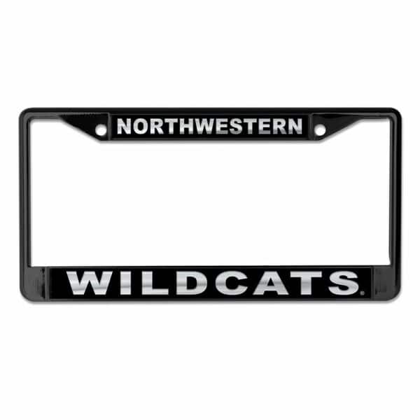 Northwestern University Wildcats Black License Plate Frame with Laser Cut Acrylic Black Insert with Mirror White Northwestern/ Wildcats inserts