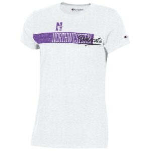 Northwestern University Wildcats Champion Ladies White Tee Shirt with Seam to Seam Distressed Design