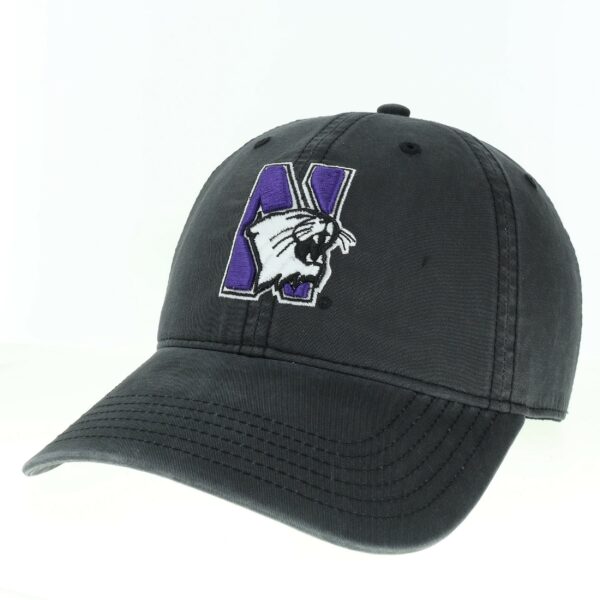 Northwestern University Wildcats Super Light Weight Legacy Unconstructed Adjustable Vintage Washed Black Terra Twill Hat with N-Cat Design