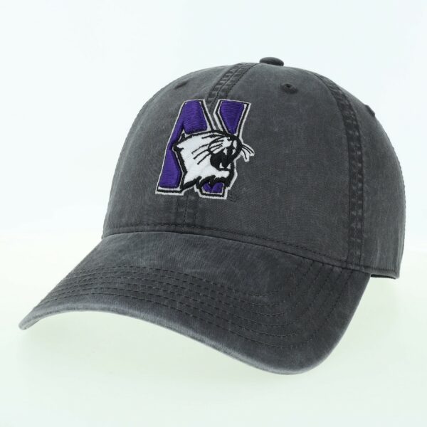 Northwestern University Wildcats Super Light Weight Legacy Unconstructed Adjustable Vintage Washed Cinder Charcoal Terra Twill Hat with N-Cat Design
