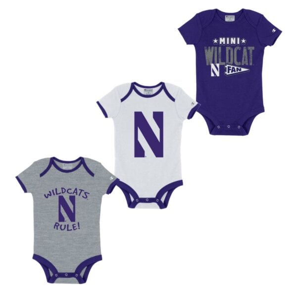 Northwestern University Wildcats Infant 3-Pack Bodysuit Onesie Set with Mini Wildcat Design