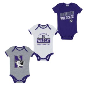 Northwestern University Wildcats Infant 3-Pack Bodysuit Onesie Set with Wanna Be a Wildcat Design