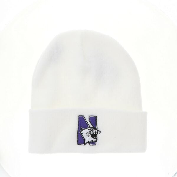 Northwestern University Wildcats Adult Solid White Cuffed Knit Cap with N-Cat Design