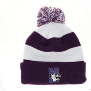 Northwestern University Wildcats Adult Purple & White Stripped Cuffed Pom Knit Cap with N-Cat Design