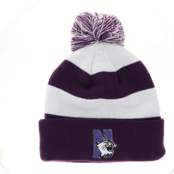 Northwestern University Wildcats Adult Purple & White Stripped Cuffed Pom Knit Cap with N-Cat Design