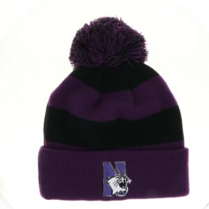 Northwestern University Wildcats Adult Purple & Black Stripped Cuffed Pom Knit Cap with N-Cat Design