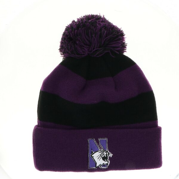 Northwestern University Wildcats Adult Purple & Black Stripped Cuffed Pom Knit Cap with N-Cat Design