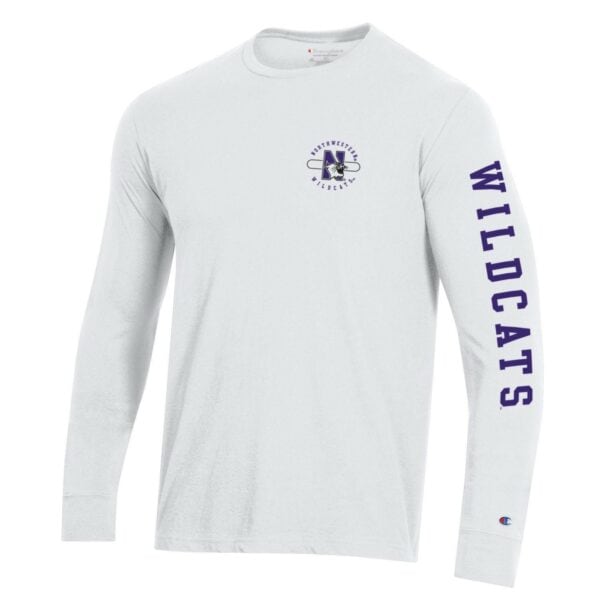 Northwestern University Wildcats Men's White Long Sleeve Tee Shirt with Three Location Print