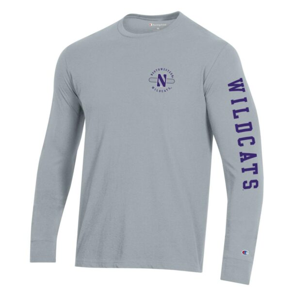 Northwestern University Wildcats Men's Steel Grey Long Sleeve Tee Shirt with Three Location Print