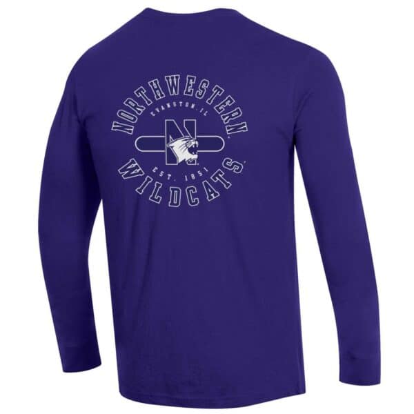Northwestern University Wildcats Men's Purple Long Sleeve Tee Shirt with Three Location Print_Back