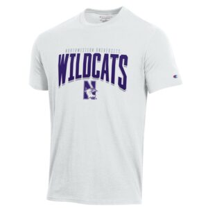 Northwestern University Wildcats Men's White Short Sleeve Tee Shirt with HD Northwestern Wildcats Over N-cat Design