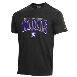 Northwestern University Wildcats Men's Black Short Sleeve Tee Shirt with HD Northwestern Wildcats Over N-cat Design