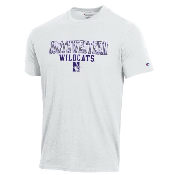 Northwestern University Wildcats Men's White Short Sleeve Tee Shirt with Straight Northwestern Wildcats Over N Design