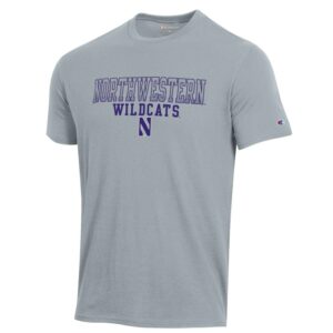 Northwestern University Wildcats Men's Grey Short Sleeve Tee Shirt with Straight Northwestern Wildcats Over N Design