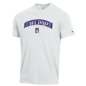 Northwestern University Wildcats Men's White Short Sleeve Tee Shirt with Vintage Appliqué Arched Northwestern Over N-Cat Design