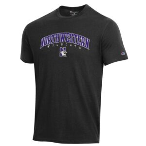 Northwestern University Wildcats Men's Black Short Sleeve Tee Shirt with Vintage Appliqué Arched Northwestern Over N-Cat Design