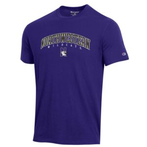 Northwestern University Wildcats Men's Purple Short Sleeve Tee Shirt with Vintage Appliqué Arched Northwestern Over N-Cat Design