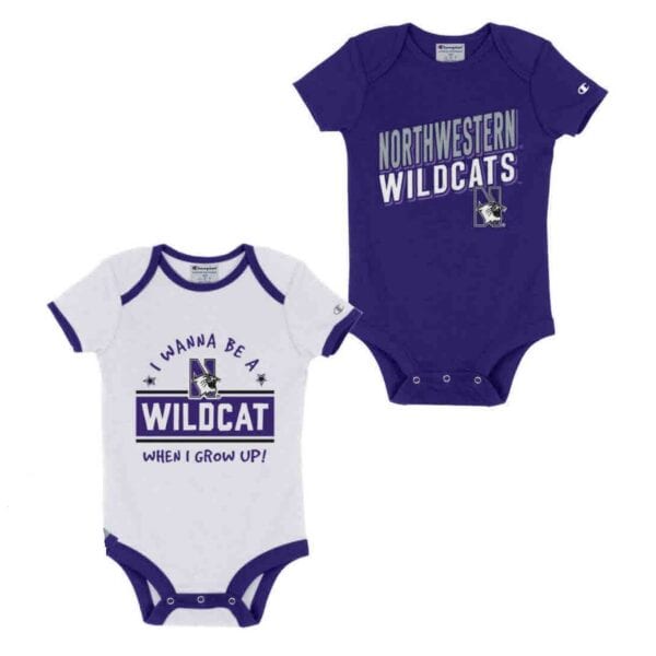 Northwestern University Wildcats Infant 2-Pack Bodysuit Onesie Set with I wanna be a Wildcat & Slanted Northwestern Wildcat Designs