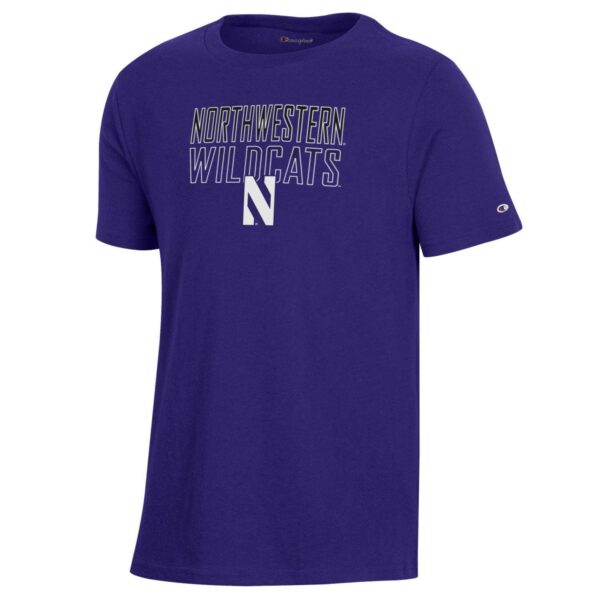 Northwestern University Wildcats Youth Purple Champion Short Sleeve Tee with Straight Northwestern Wildcats Over N Design