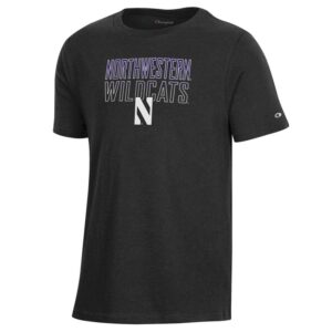 Northwestern University Wildcats Youth Black Champion Short Sleeve Tee with Straight Northwestern Wildcats Over N Design