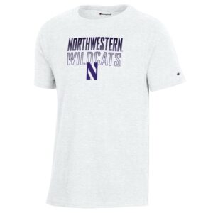 Northwestern University Wildcats Youth White Champion Short Sleeve Tee with Straight Northwestern Wildcats Over N Design