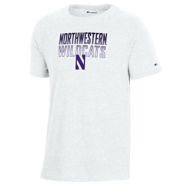 Northwestern University Wildcats Youth White Champion Short Sleeve Tee with Straight Northwestern Wildcats Over N Design