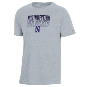 Northwestern University Wildcats Youth Steel Grey Champion Short Sleeve Tee with Straight Northwestern Wildcats Over N Design