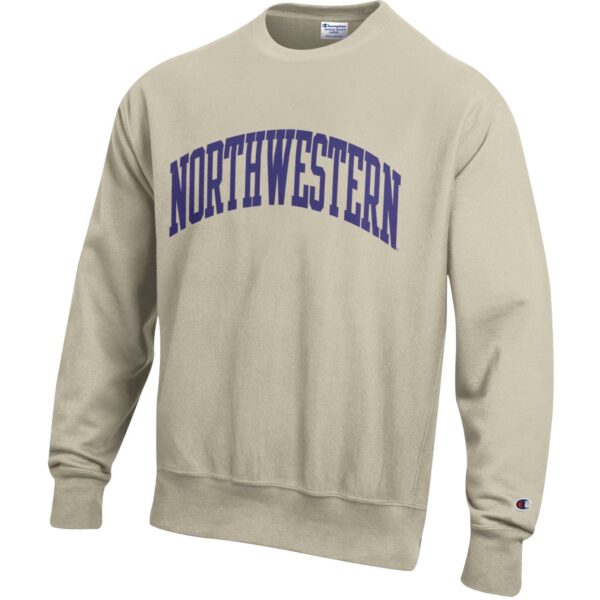 Northwestern University Wildcats Men's Oatmeal Champion Super Heavy Reverse Weave Crewneck Sweatshirt with Purple Arched Northwestern Wool Sewn Appliqué Design