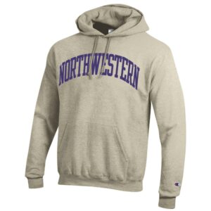 Northwestern University Wildcats Men's Oatmeal Heather Champion Eco Powerblend Hooded Sweatshirt with Purple Arched Northwestern Wool Sewn Appliqué Design