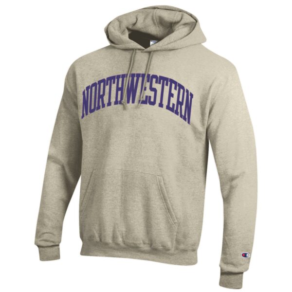 Northwestern University Wildcats Men's Oatmeal Heather Champion Eco Powerblend Hooded Sweatshirt with Purple Arched Northwestern Wool Sewn Appliqué Design