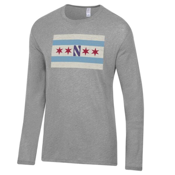Northwestern University Wildcats Men's Alternative Apparel The Keeper Smoke Grey Long Sleeve Tee Shirt with Chicago Flag Design