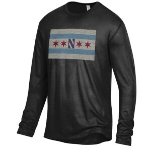 Northwestern University Wildcats Men's Alternative Apparel The Keeper Black Long Sleeve Tee Shirt with Chicago Flag Design