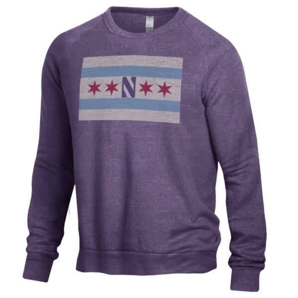 Northwestern University Wildcats Men's Alternative Apparel The Champ Eco True Deep Purple Crewneck Sweatshirt with Chicago Flag Design