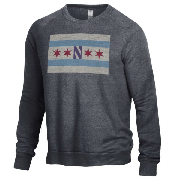 Northwestern University Wildcats Men's Alternative Apparel The Champ Eco Black Crewneck Sweatshirt with Chicago Flag Design