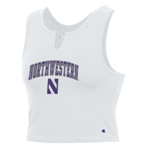 Northwestern University Wildcats Women’s Champion Football Fan White Fitted Crop Tank with Arch Over N Design