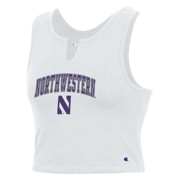 Northwestern University Wildcats Women’s Champion Football Fan White Fitted Crop Tank with Arch Over N Design
