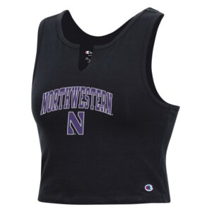 Northwestern University Wildcats Women’s Champion Football Fan Black Fitted Crop Tank with Arch Over N Design