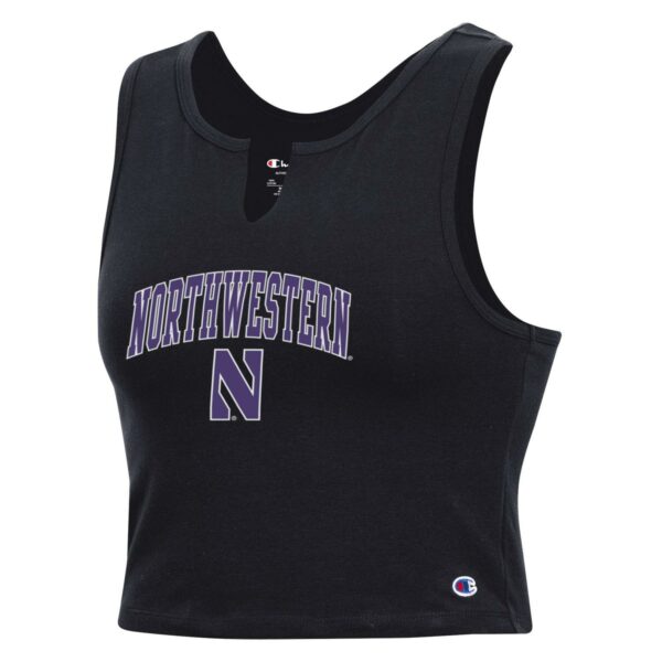 Northwestern University Wildcats Women’s Champion Football Fan Black Fitted Crop Tank with Arch Over N Design