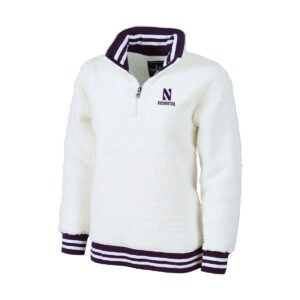 Northwestern University Wildcats Adult Natural White with Purple Trim Varsity Sherpa Quarter Zip Pullover Jacket by Boxercraft